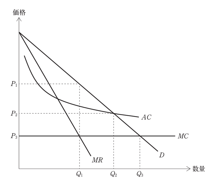 本試験第19問の図(需要曲線D・限界収入曲線MR・平均費用曲線AC・限界費用曲線MC)