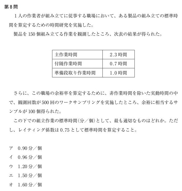 本試験第8問:時間研究+ワークサンプリングの余裕率+レイティングによる標準時間の算定(正解 エ 1.50分/個)